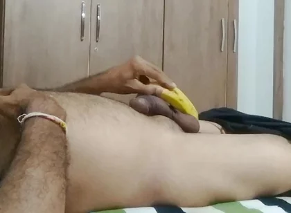 Enjoyed My Cock with a Banana on the Bed
