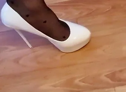 Sexy Trio of High Heels, I Secretly Walk in Their Pantyhose and Play with the Heels