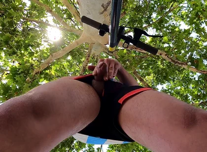Bulging Young Man Moans with Pleasure in Park Jerking off a Summer Handjob