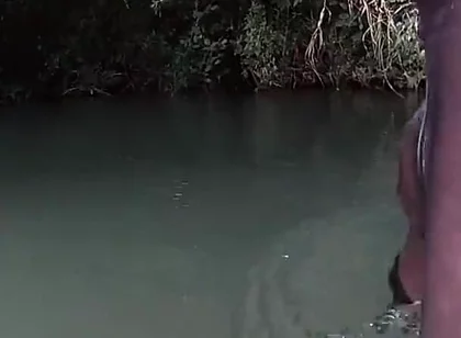 Jerking off in a Public River Untill I Drop a Massive Cumshot in My See Thru Leggings