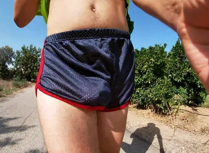 So Hot! Running with My Erect Cock Out Wearing Shiny See Thru Cock Sport Shorts