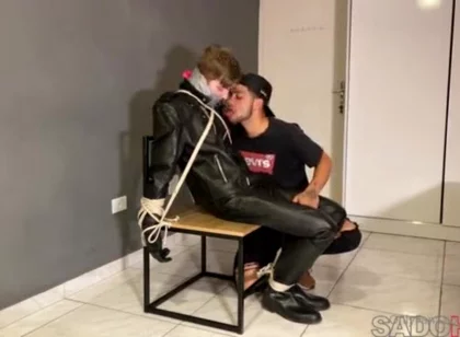 Bound leather boy cum load