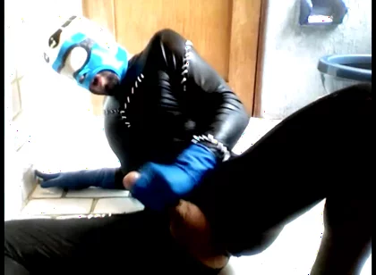 Blue Hornet in Spandex Catsuit Cums on Blue Latex Gloes and Mask