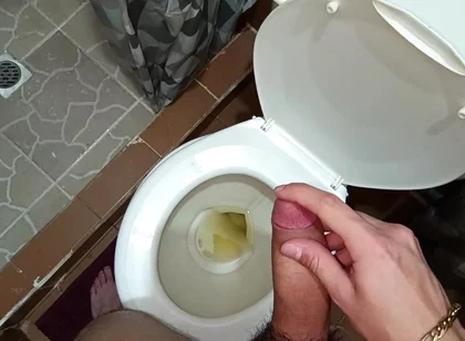 Two Shots of Cum on the Pee in the Bathroom