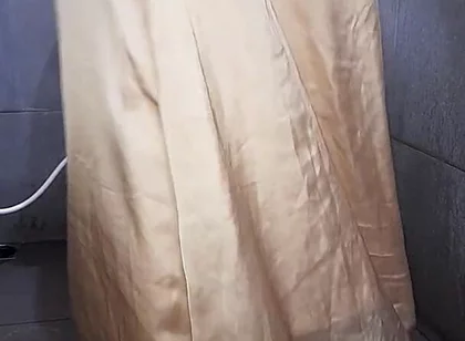 Long Gold Satin Dress Masturbation Cum
