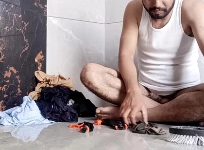 Desi young boy enjoy washing father's underwear