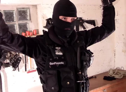 Swat cop cum load on alpha bomberjacket