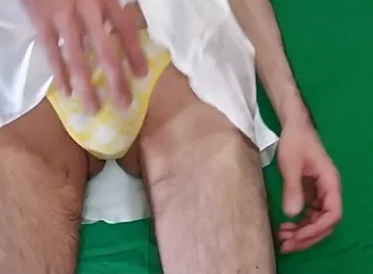 Yellow Plaid Thong and Satin White Nightgown