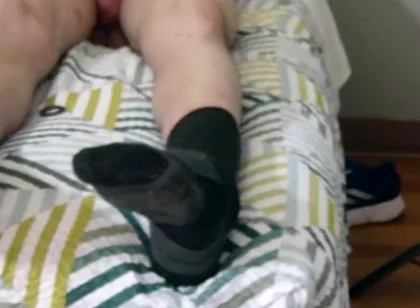 Laying Down on Bed Jerking off with Socks on See My Size 15 and Massive Legs as U