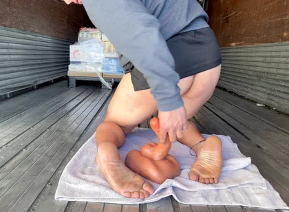 Painted Toe Sissy Rides Dildo in the Back of a Semi
