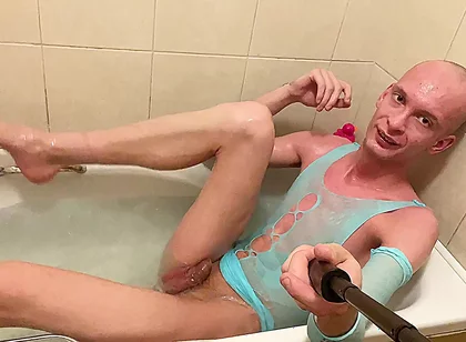 Fully Shaved Skinny Bald Femboy Takes Bath In Feminine Clothing