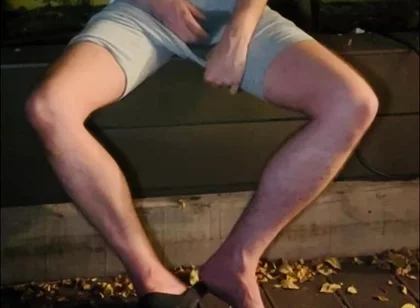 Amateur Twink in Adilette Sandals Wets Himself in the Garden and Takes His Cock Out