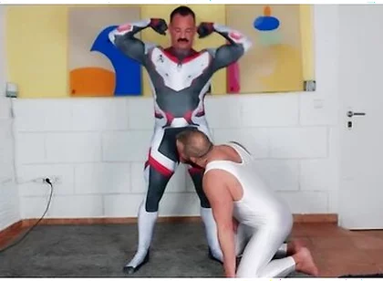 Muscle Daddy - Muscle Man Tries On Spandex Cosplay Suit With The Help Of His Muscle Stepdaddy