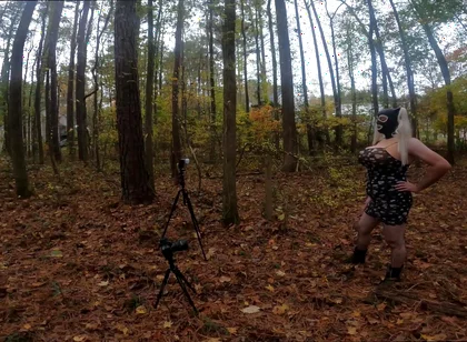 Giant Fake Tits Crossdresser Walk in the Woods Behind the Scenes Photo Shoot