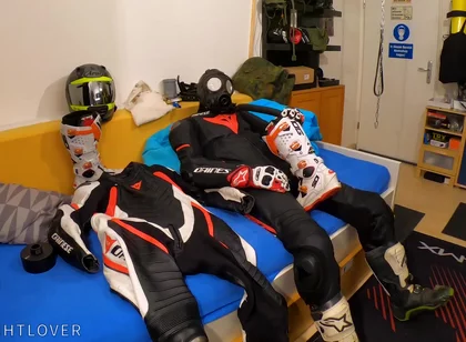 Wanking in biker suit cum