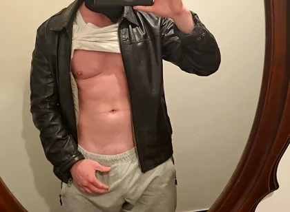 After Work Jerk off in Black Leather Jacket! Hot Stepdaddy Shows Muscles & Pumps Thick Cock
