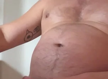 Jerking off in the Morning, Rubbing My Belly, Man Tits, and Nipples. Dripping with Precum and Lots of Cum.