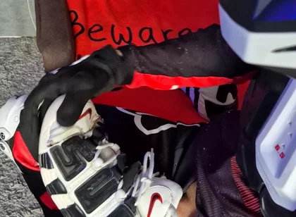 An Excited Guy in Motorcycle Gear Fucks His Sneakers