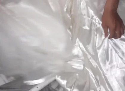 Cum Flows on Satin Wedding Dress