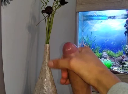 Hot Young Guy Wanks His Nice Big Cock Until He Cums Slowly in Front of the Aquarium