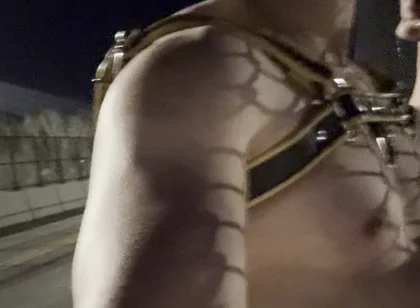 Midnight Muscle Tease: Asian Hunk Flexes Ass & Biceps in Yellow Harness on Highway Bridge