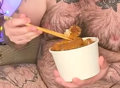 Stepdaddy Stuffs His Face with a Takeaway and Enjoys It so Much He Wanks with the Sauces!