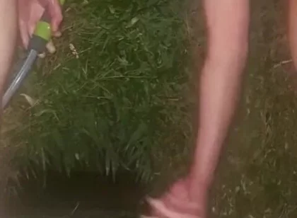 Clean Pressure Enema with Ass Lips and Pissing - Outdoor Garden Hose Anal