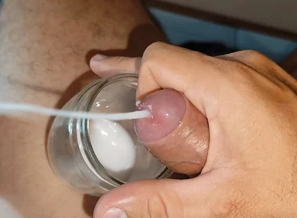 Manly Man Has Big Explosion of Cum in Mason Jar.