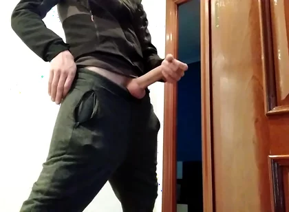Handjob From Hot Amateur Guy with Big Cock, Shoots at the Door