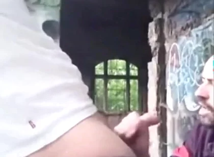 A Dude Is Jerking off in an Urban Exploration Setting and Gets Caught by a Blowjob Artist.