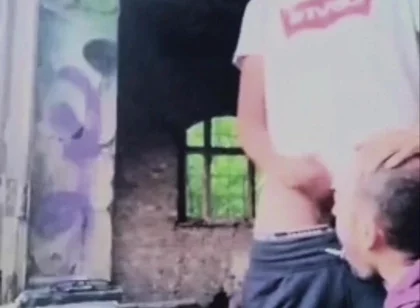 A Dude Is Jerking off in an Urban Exploration Setting and Gets Caught by a Blowjob Artist.