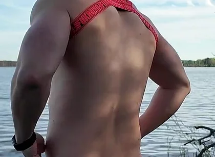 Asian Muscle God Strips Bare by the Lake - Ripped Physique on Full Display & Massive Load