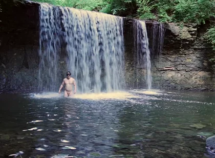 Muscular Asian Hunk Flexes in Speedo by Waterfall - Tight Ass & Hole Tease, Strips Naked & Explodes with Massive Cumshot