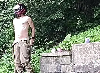 Jerking off in Public on the Road Near a Spring, Caught by a Young Man Masturbating Completely Naked