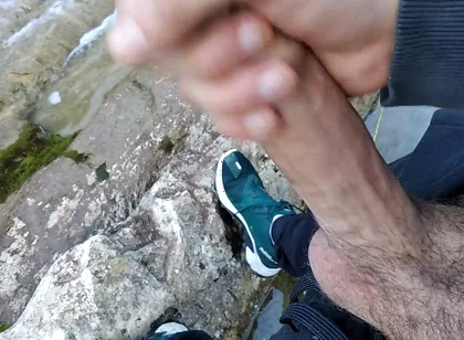 Handsome Gives Perfect Cumshot From Nice Big Hard Cock Spit in Front of River Waterfall
