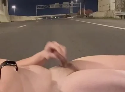 Naked Muscled Asian Walks to the Middle of an Empty Road at Night, Flexes Hard & Shoots a Massive Load