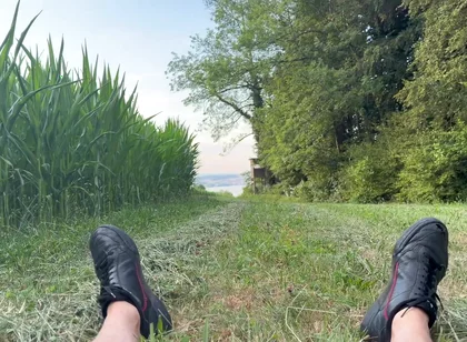 Risky Bwc Stroking Outdoors on Meadow with Lake View - Big Cumshot