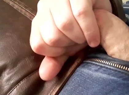Edge and Cum on New Brown Leather Jacket