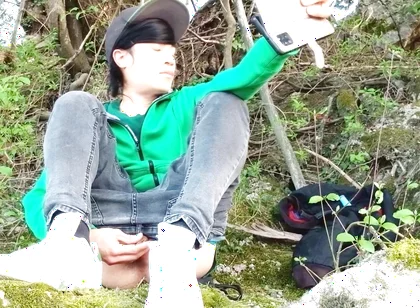 Risky Masturbation Outdoors a Man's Voice Caught This Cute Gay Twink with His Balls Hanging Out, Jerking off His Uncut Foreskin