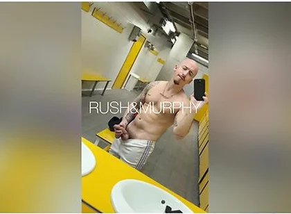 He Masturbates His Huge Cock In The Gym Showers While Muscular Straight Man Spies On Him