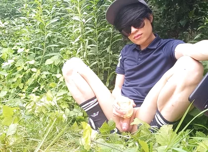 Gay Twink Jon Arteen Jerks off His Cock with an Oiled Fleshlight Outside in the Wilderness, His Cock Leaks Precum and Ejaculates