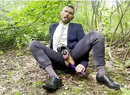 Suited Gentleman Is Spreading Legs Like Slut And Plays With His Malepussy With Locked Dick With Power Bottom