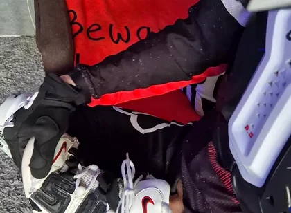 An Excited Guy in Motorcycle Gear Fucks His Sneakers