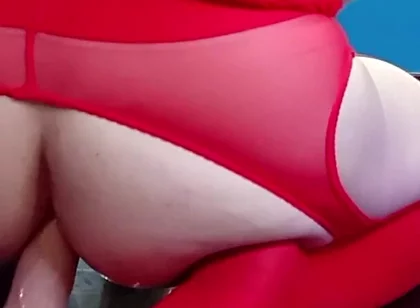 In a Red Bodysuit on the Floor. Inside While Cumming on Her Belly