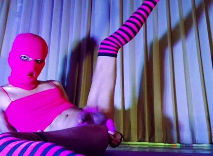 Pink Balaclava Mask Sissy Dyed Pubic Hair Play with a Vibrator