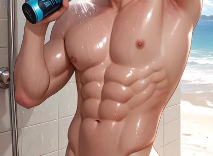 Soft Kawaii Boy in Beach Shower with Pastel Pink Hair