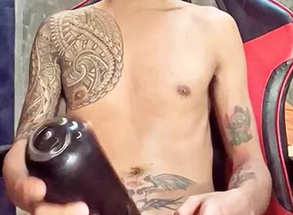 Pinoy Horny Inked Twink Playing with His Masturbator Toy