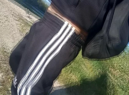 Who Will Spot This Twink in a Black and White Adidas Tracksuit, Flashing His Cock in Public Going Commando Freeballing, Peeing I