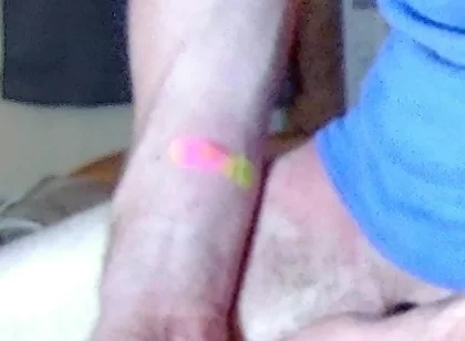 Jerking off with Blue Beater on, Standing up Near Camera