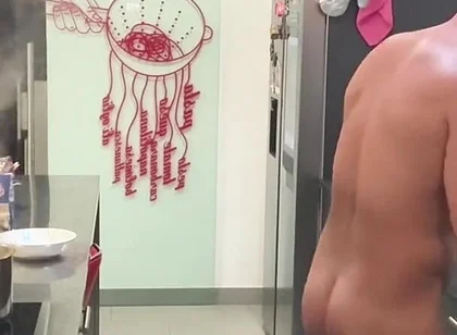 Nude Italian Chef Cooking Spaghetti